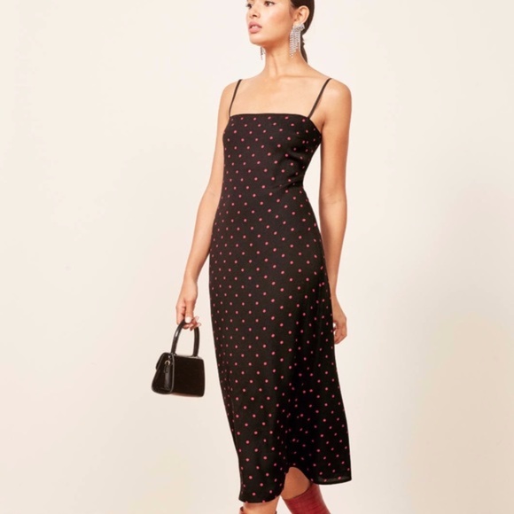 New Reformation Polka Dot Maxi Slip Dress Red Black - Picture 1 of 8